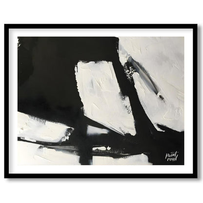 This abstract painting features a dynamic interplay of stark black and white shapes, creating a sen… for house