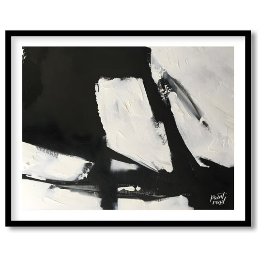 This abstract painting features a dynamic interplay of stark black and white shapes, creating a sen… for house