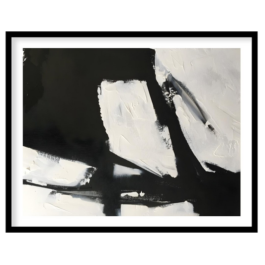 This abstract painting features a dynamic interplay of stark black and white shapes, creating a sen… for house