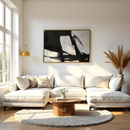 This abstract painting features a dynamic interplay of stark black and white shapes, creating a sen… for living room