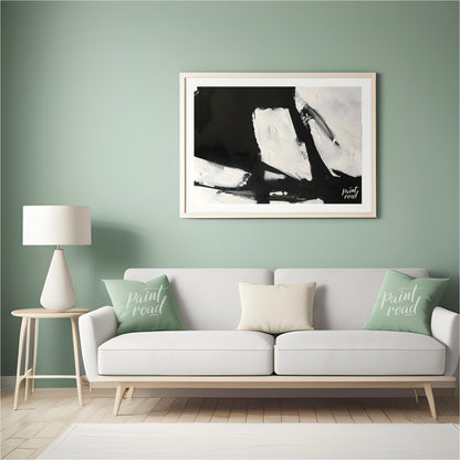 This abstract painting features a dynamic interplay of stark black and white shapes, creating a sen… for living room