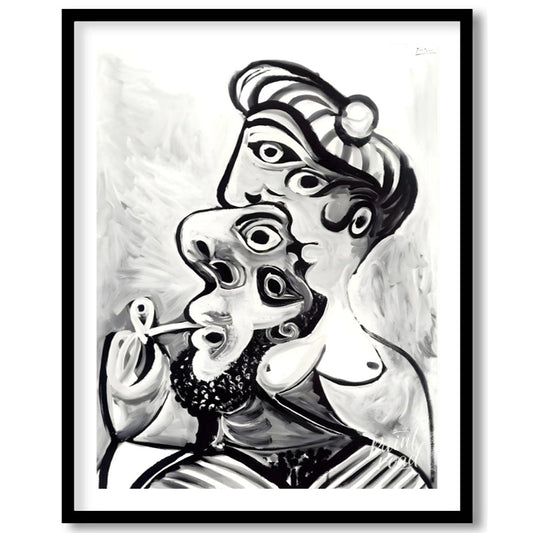 This striking black and white artwork, reminiscent of Pablo Picasso’s later period, depicts a compl… for area