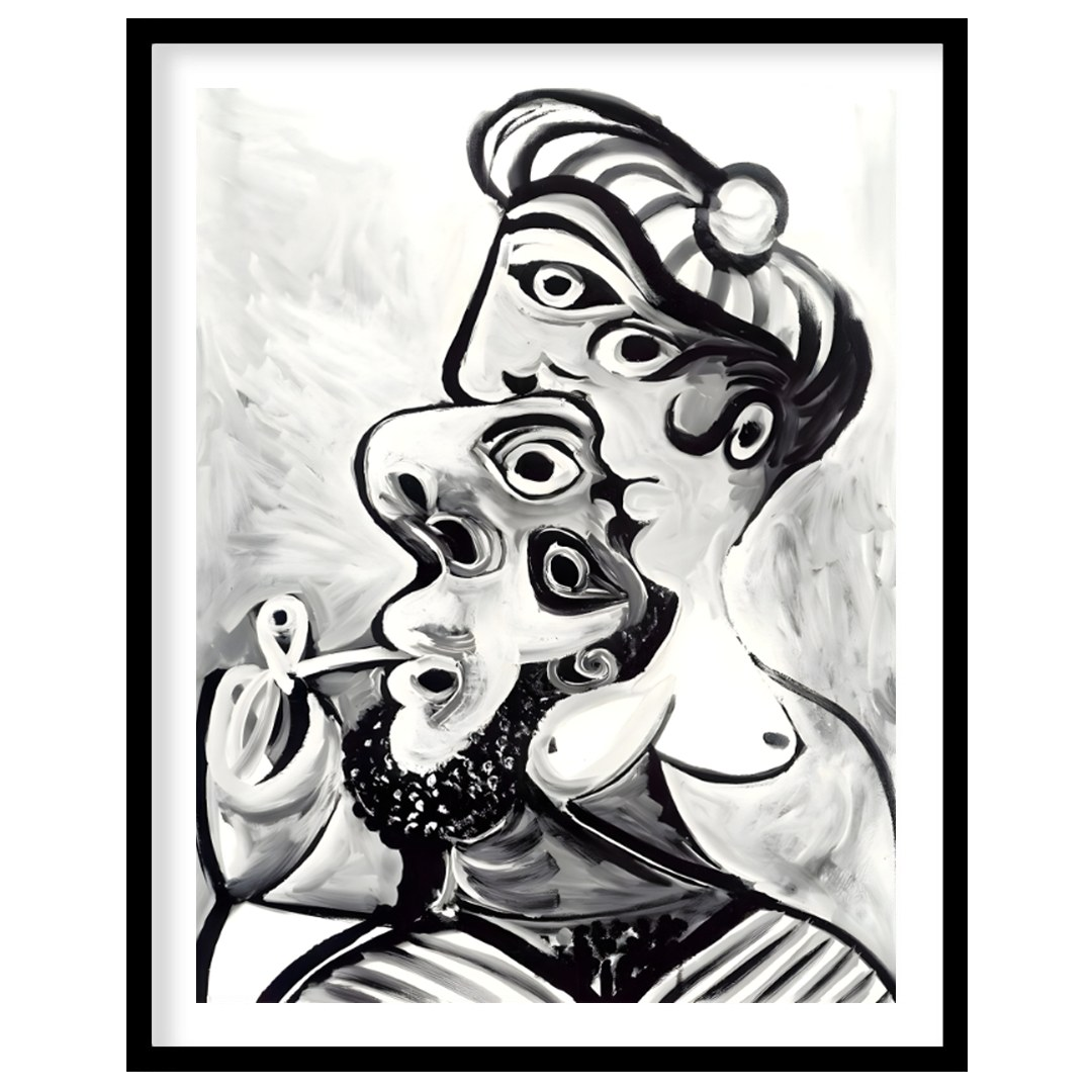 This striking black and white artwork, reminiscent of Pablo Picasso’s later period, depicts a compl… for area
