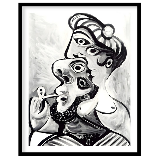 This striking black and white artwork, reminiscent of Pablo Picasso’s later period, depicts a compl… for area