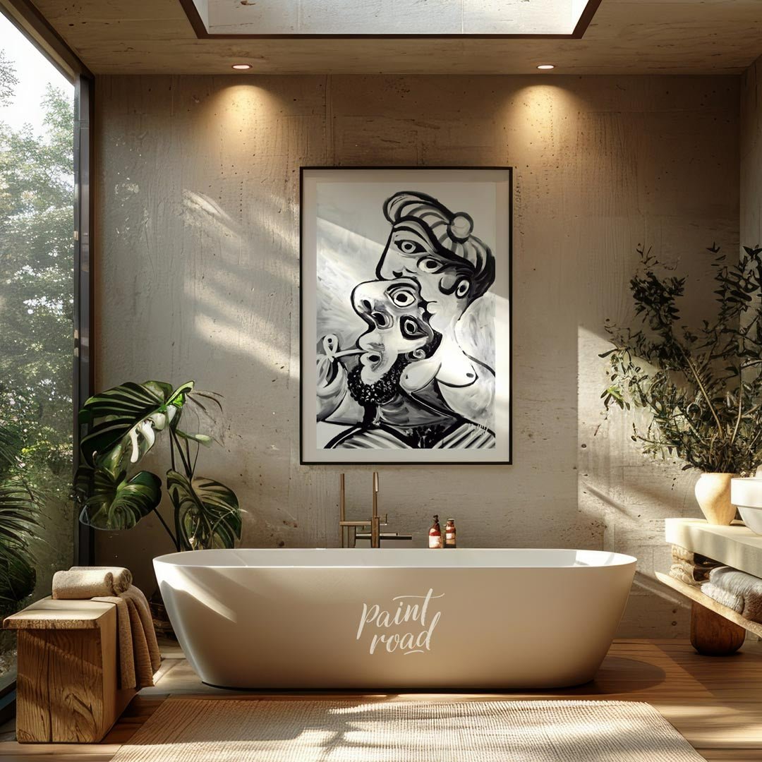 This striking black and white artwork, reminiscent of Pablo Picasso’s later period, depicts a compl… for bathroom