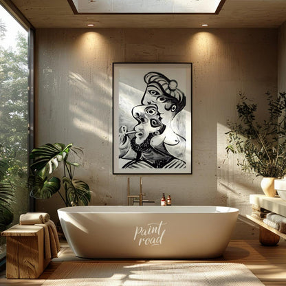 This striking black and white artwork, reminiscent of Pablo Picasso’s later period, depicts a compl… for bathroom