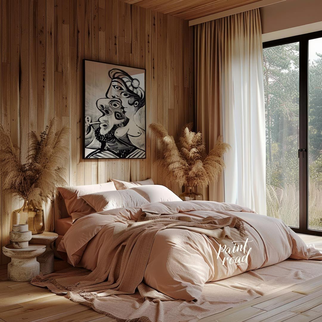 This striking black and white artwork, reminiscent of Pablo Picasso’s later period, depicts a compl… for bedroom