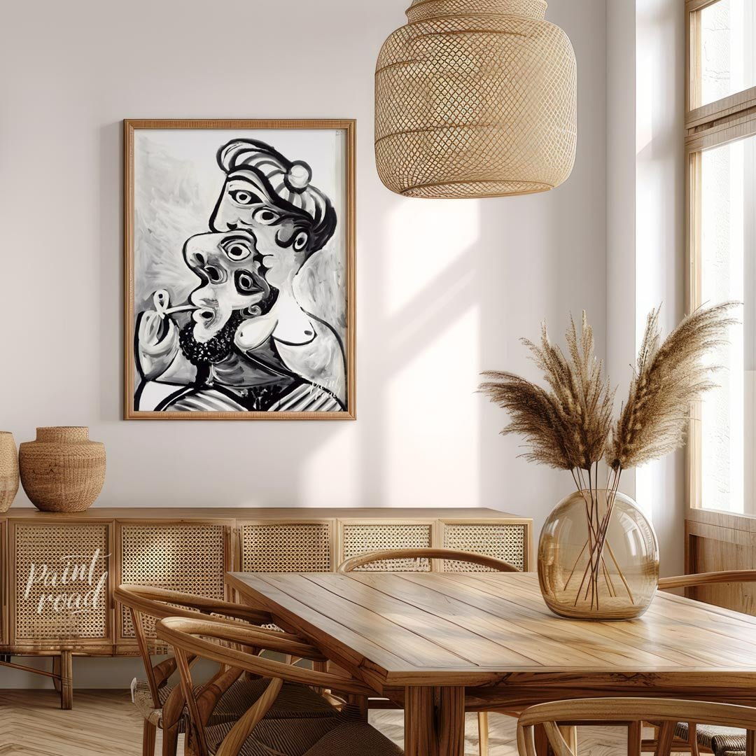 This striking black and white artwork, reminiscent of Pablo Picasso’s later period, depicts a compl… for dining room