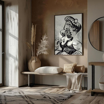 This striking black and white artwork, reminiscent of Pablo Picasso’s later period, depicts a compl… for entryway