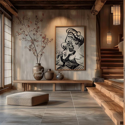 This striking black and white artwork, reminiscent of Pablo Picasso’s later period, depicts a compl… for entryway