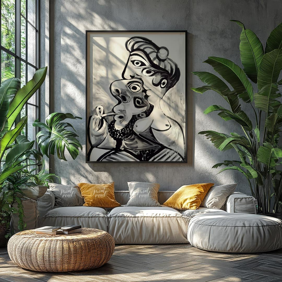 This striking black and white artwork, reminiscent of Pablo Picasso’s later period, depicts a compl… for living room