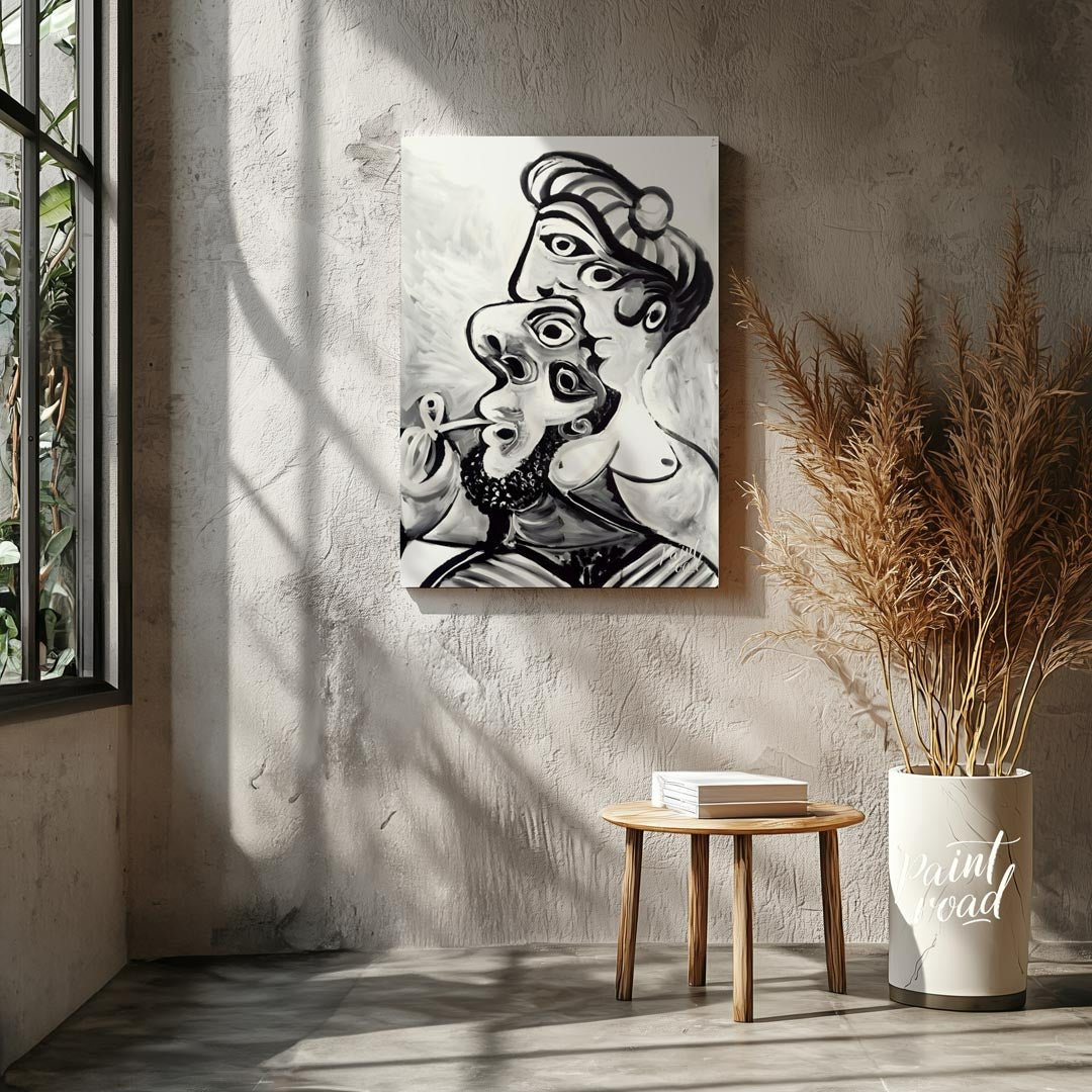 This striking black and white artwork, reminiscent of Pablo Picasso’s later period, depicts a compl… for living room