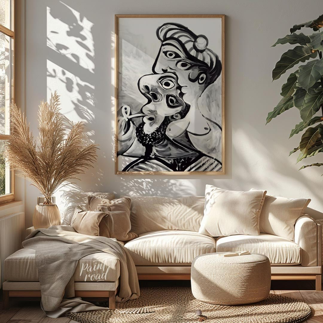 This striking black and white artwork, reminiscent of Pablo Picasso’s later period, depicts a compl… for living room