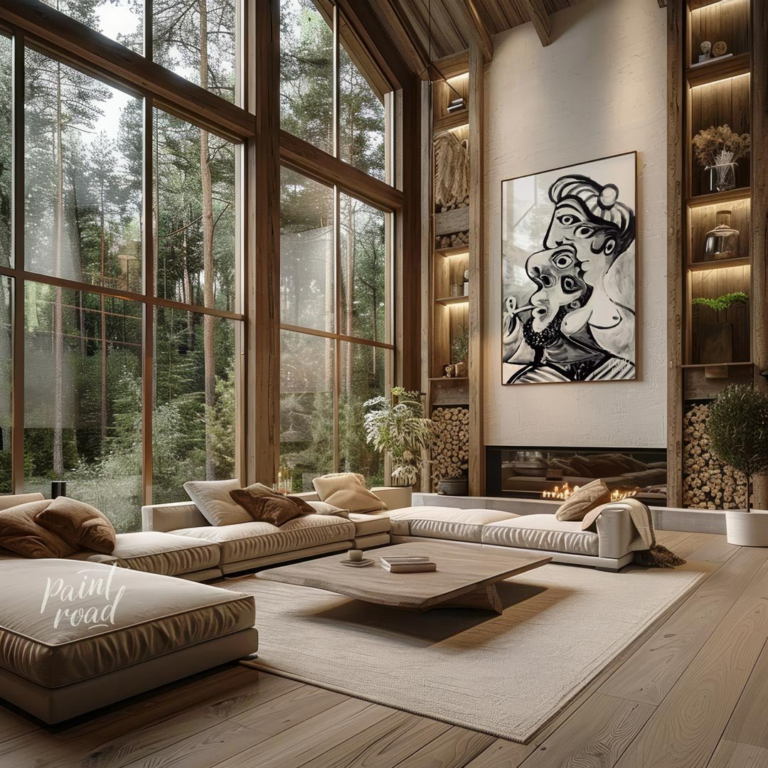 This striking black and white artwork, reminiscent of Pablo Picasso’s later period, depicts a compl… for living room