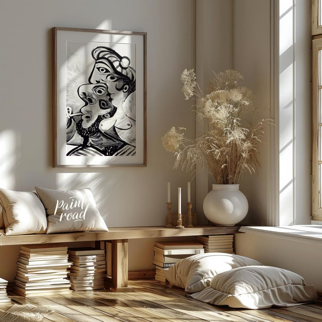 This striking black and white artwork, reminiscent of Pablo Picasso’s later period, depicts a compl… for living room