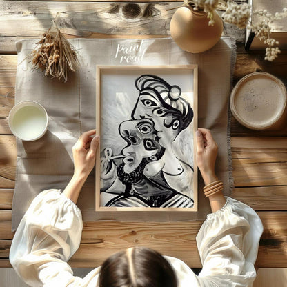 This striking black and white artwork, reminiscent of Pablo Picasso’s later period, depicts a compl… for other