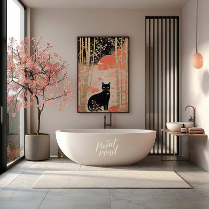 This whimsical and stylized artwork depicts a black cat with piercing yellow eyes, sitting prominen… for bathroom