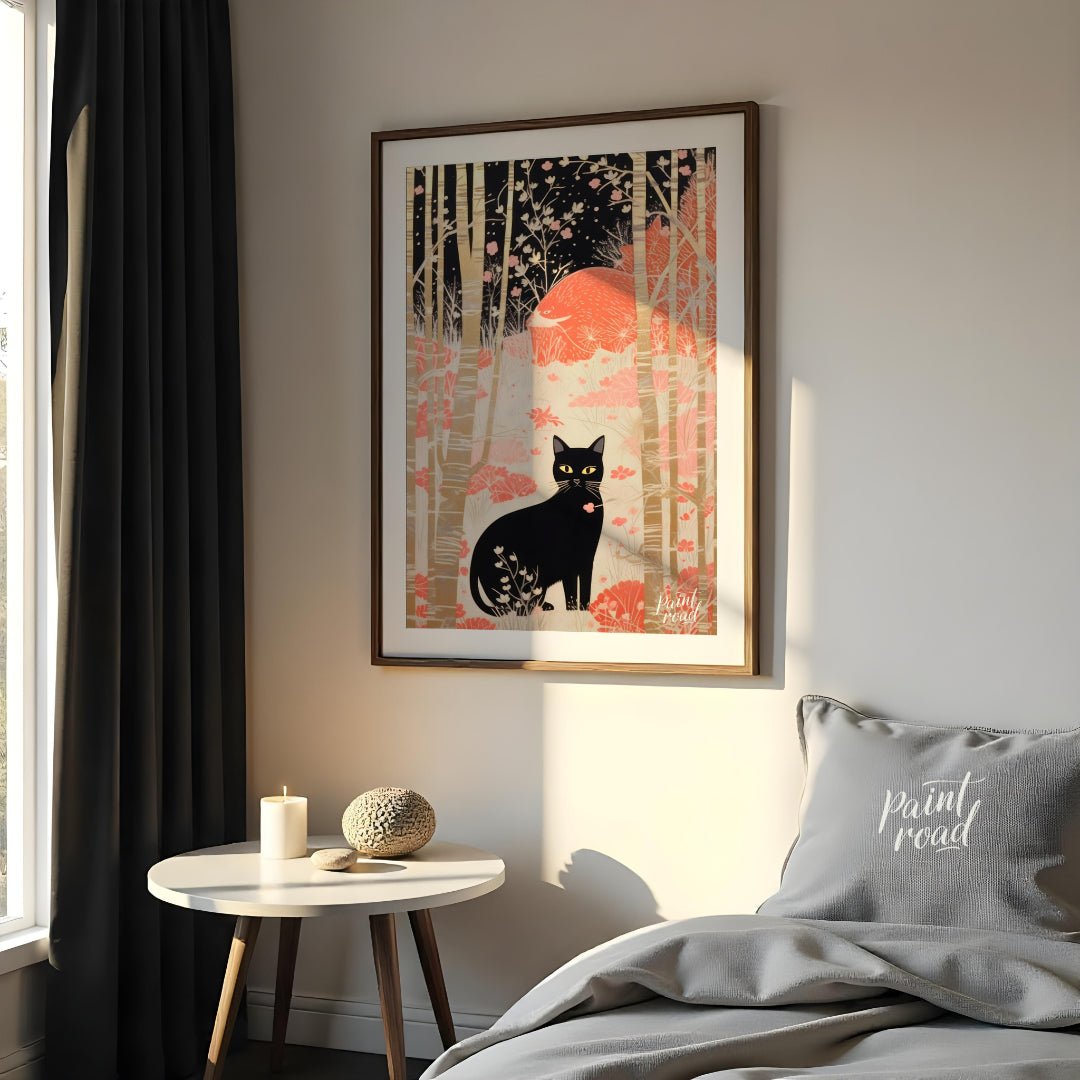 This whimsical and stylized artwork depicts a black cat with piercing yellow eyes, sitting prominen… for bedroom