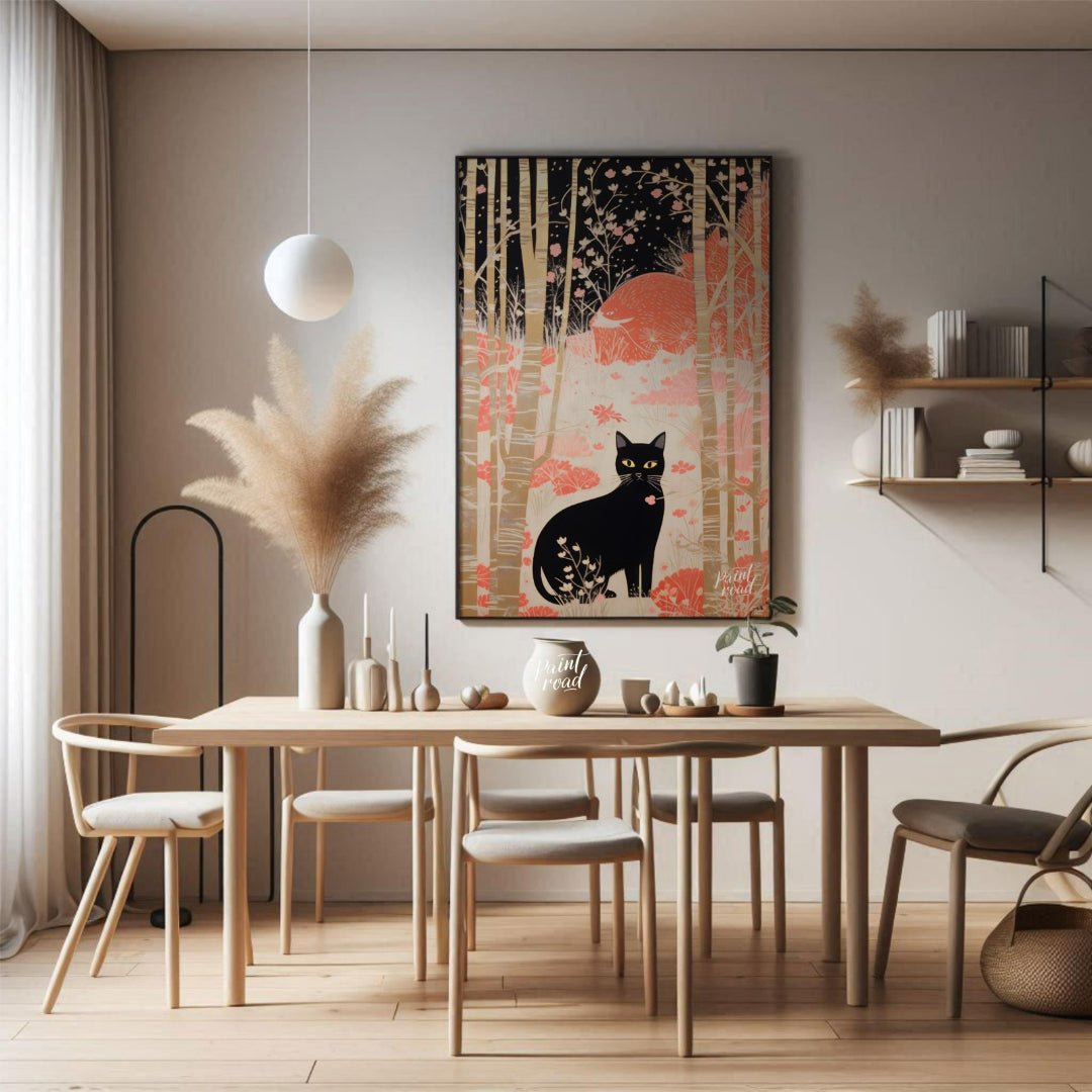 This whimsical and stylized artwork depicts a black cat with piercing yellow eyes, sitting prominen… for dining room
