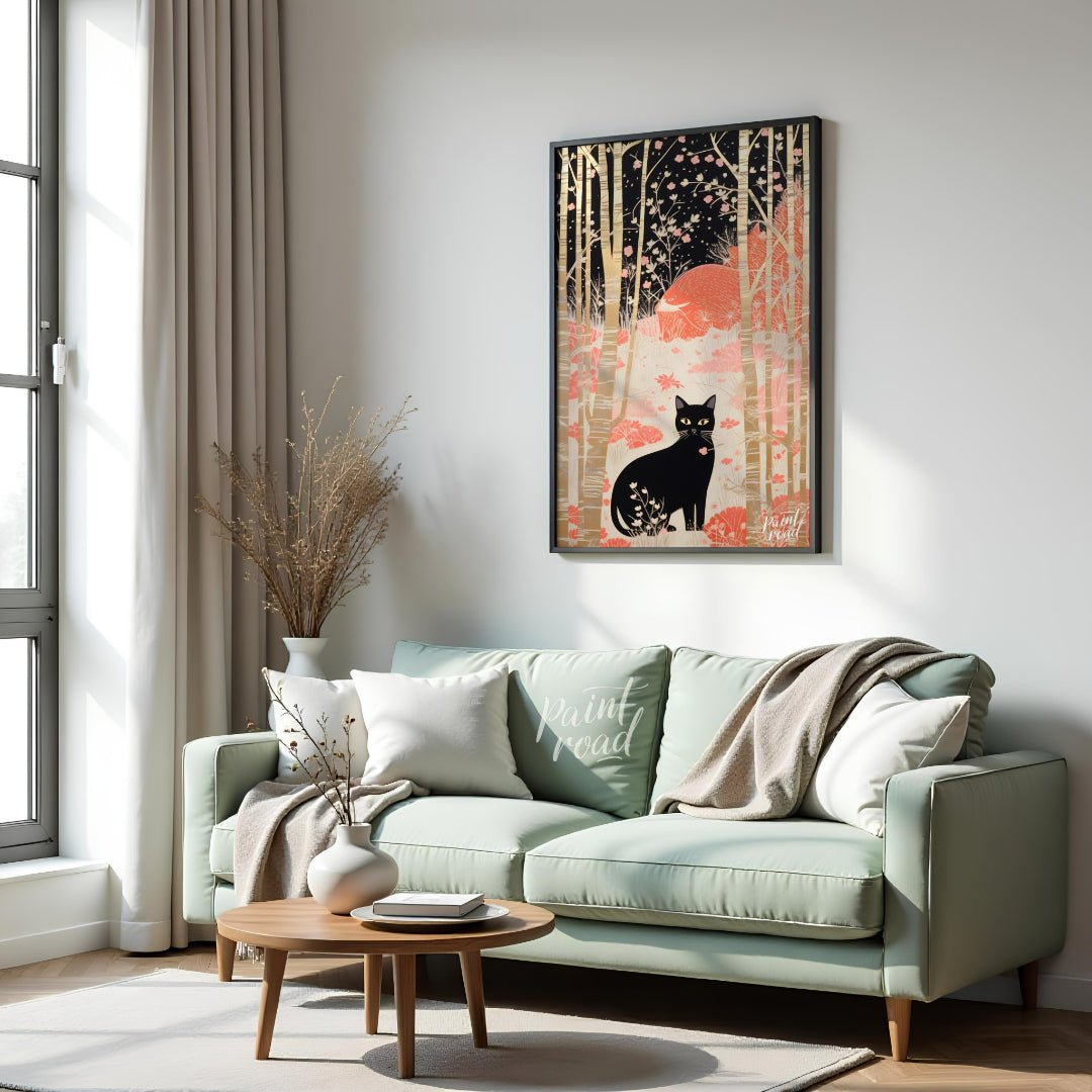 This whimsical and stylized artwork depicts a black cat with piercing yellow eyes, sitting prominen… for living room
