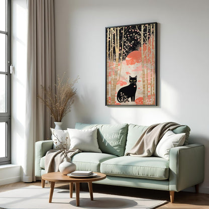 This whimsical and stylized artwork depicts a black cat with piercing yellow eyes, sitting prominen… for living room