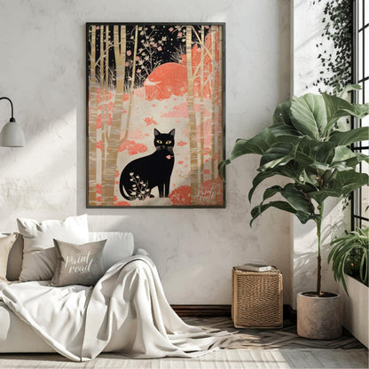 This whimsical and stylized artwork depicts a black cat with piercing yellow eyes, sitting prominen… for living room