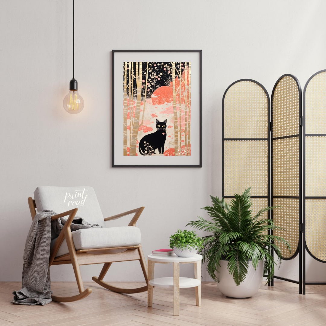 This whimsical and stylized artwork depicts a black cat with piercing yellow eyes, sitting prominen… for living room