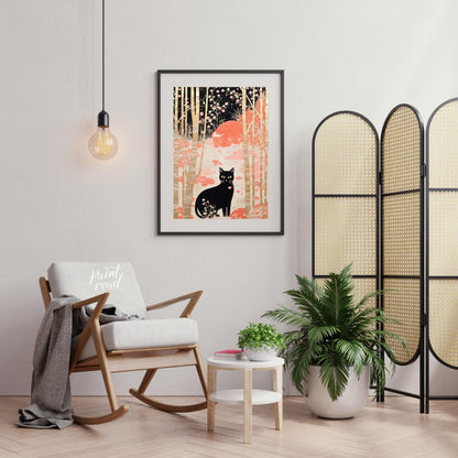 This whimsical and stylized artwork depicts a black cat with piercing yellow eyes, sitting prominen… for living room