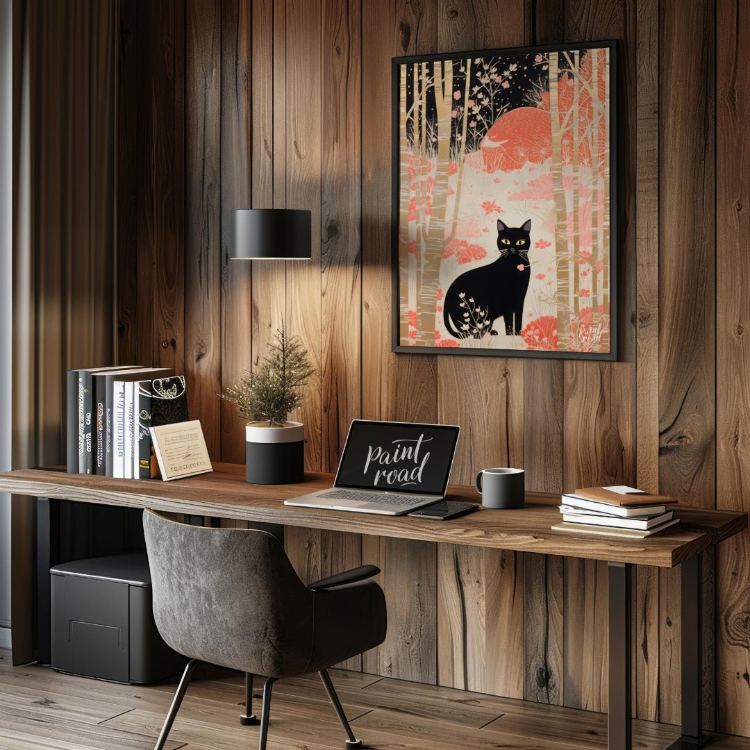This whimsical and stylized artwork depicts a black cat with piercing yellow eyes, sitting prominen… for office