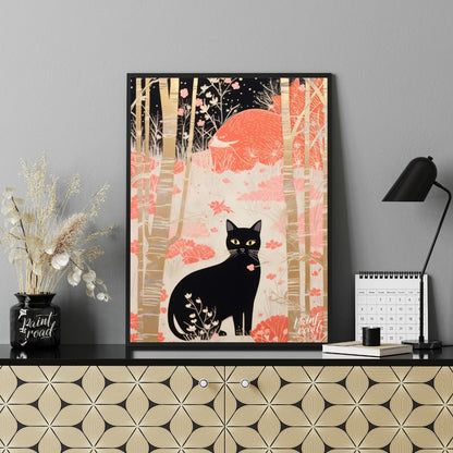 This whimsical and stylized artwork depicts a black cat with piercing yellow eyes, sitting prominen… for office
