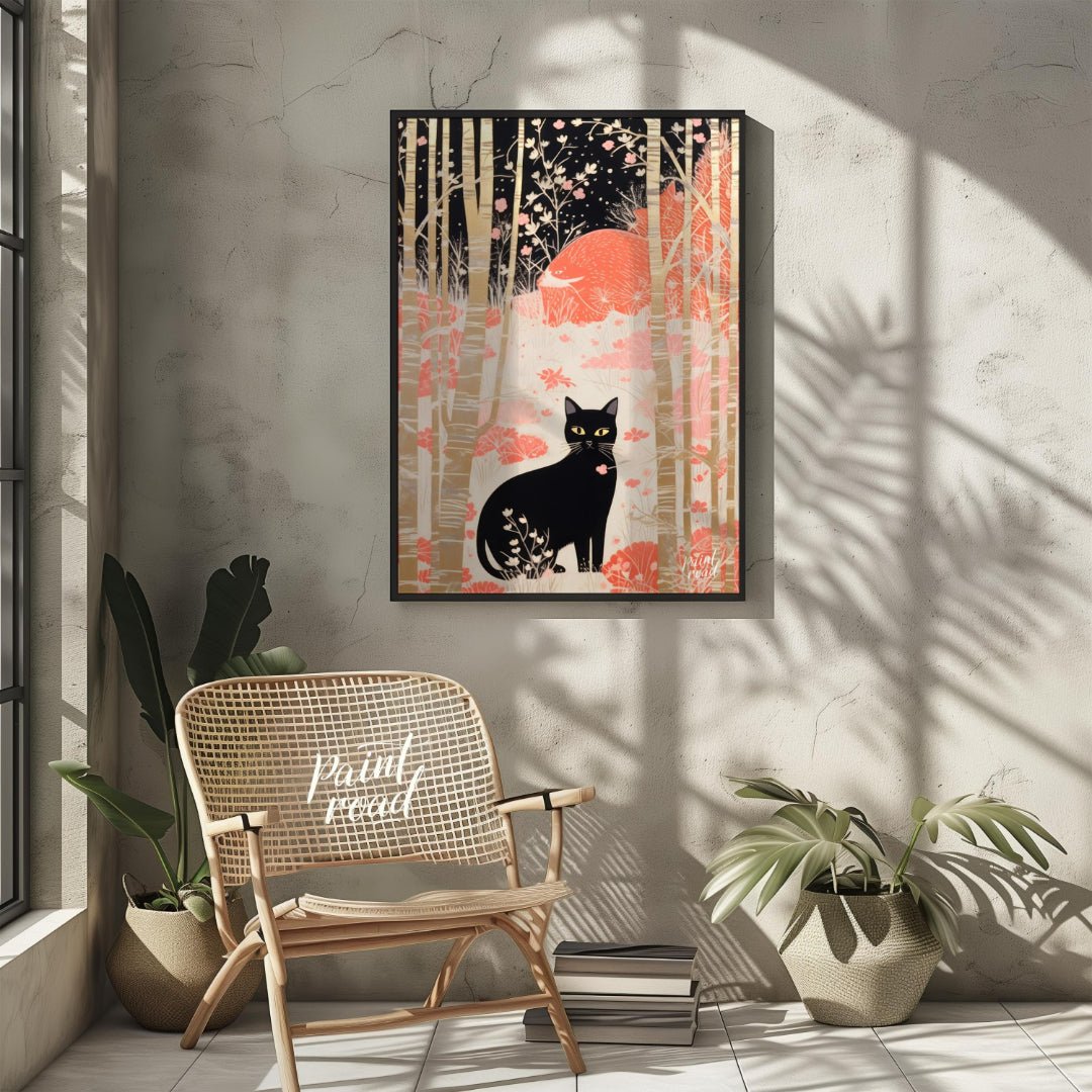 This whimsical and stylized artwork depicts a black cat with piercing yellow eyes, sitting prominen… for other