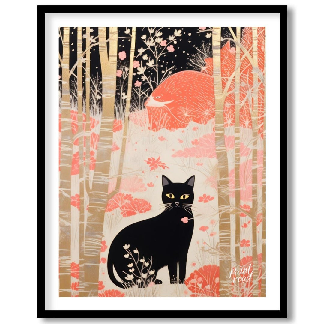 This whimsical and stylized artwork depicts a black cat with piercing yellow eyes, sitting prominen… for space