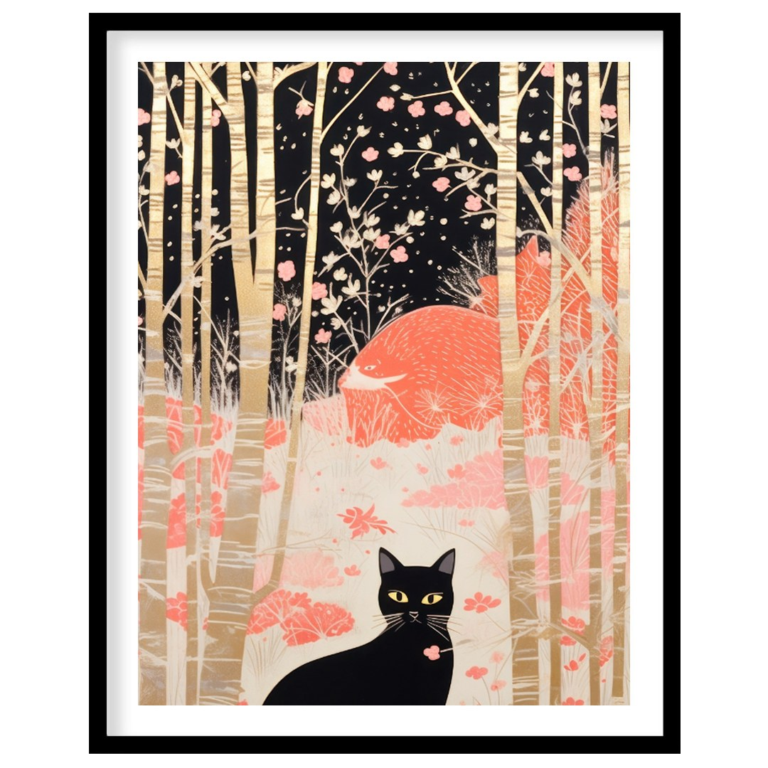 This whimsical and stylized artwork depicts a black cat with piercing yellow eyes, sitting prominen… for space