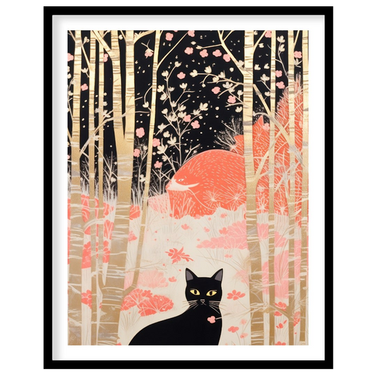 This whimsical and stylized artwork depicts a black cat with piercing yellow eyes, sitting prominen… for space