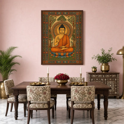 This captivating artwork features Lord Buddha seated serenely on a vibrant lotus amidst an ornate for Dining