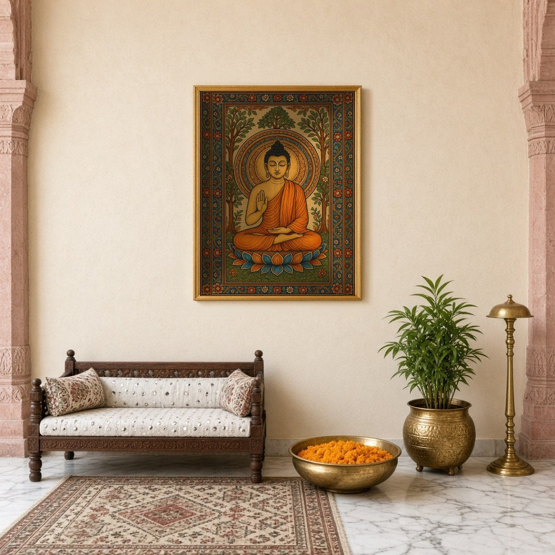 This captivating artwork features Lord Buddha seated serenely on a vibrant lotus amidst an ornate for Entrance