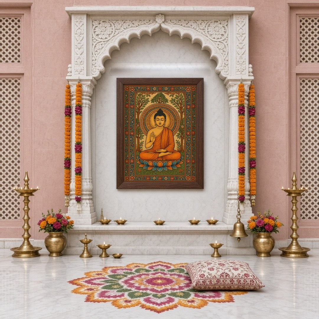 This captivating artwork features Lord Buddha seated serenely on a vibrant lotus amidst an ornate for Home Temple