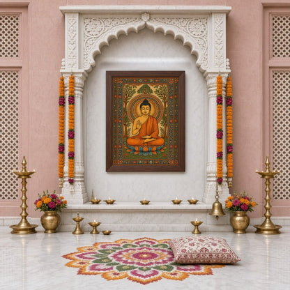 This captivating artwork features Lord Buddha seated serenely on a vibrant lotus amidst an ornate for Home Temple