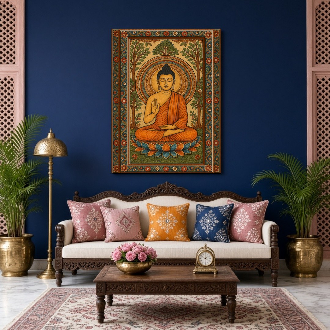 This captivating artwork features Lord Buddha seated serenely on a vibrant lotus amidst an ornate for Living Room
