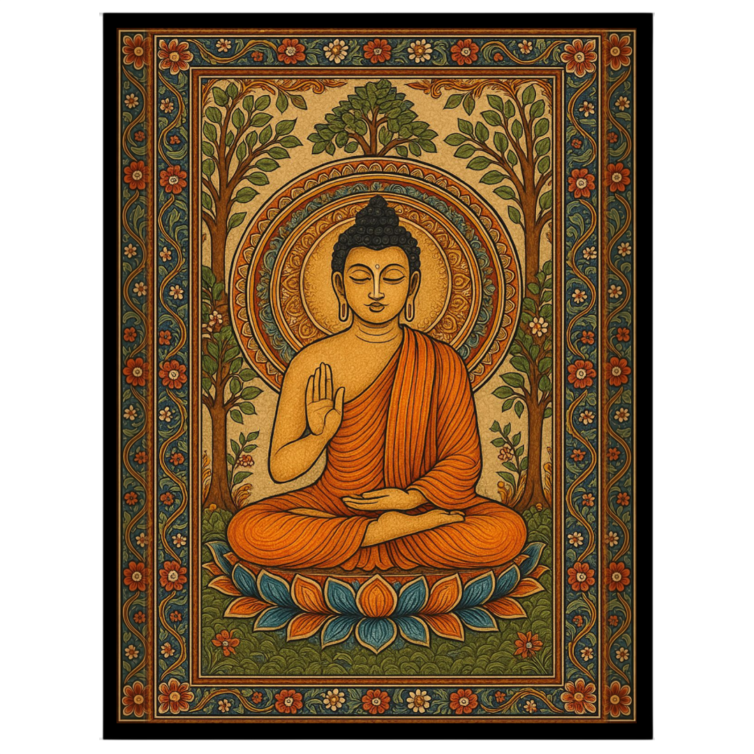 This captivating artwork features Lord Buddha seated serenely on a vibrant lotus amidst an ornate for living-space