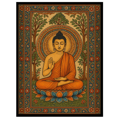 This captivating artwork features Lord Buddha seated serenely on a vibrant lotus amidst an ornate for living-space