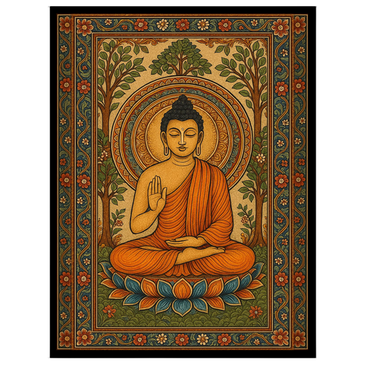 This captivating artwork features Lord Buddha seated serenely on a vibrant lotus amidst an ornate for living-space