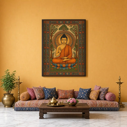 This captivating artwork features Lord Buddha seated serenely on a vibrant lotus amidst an ornate for Sitting Lounge