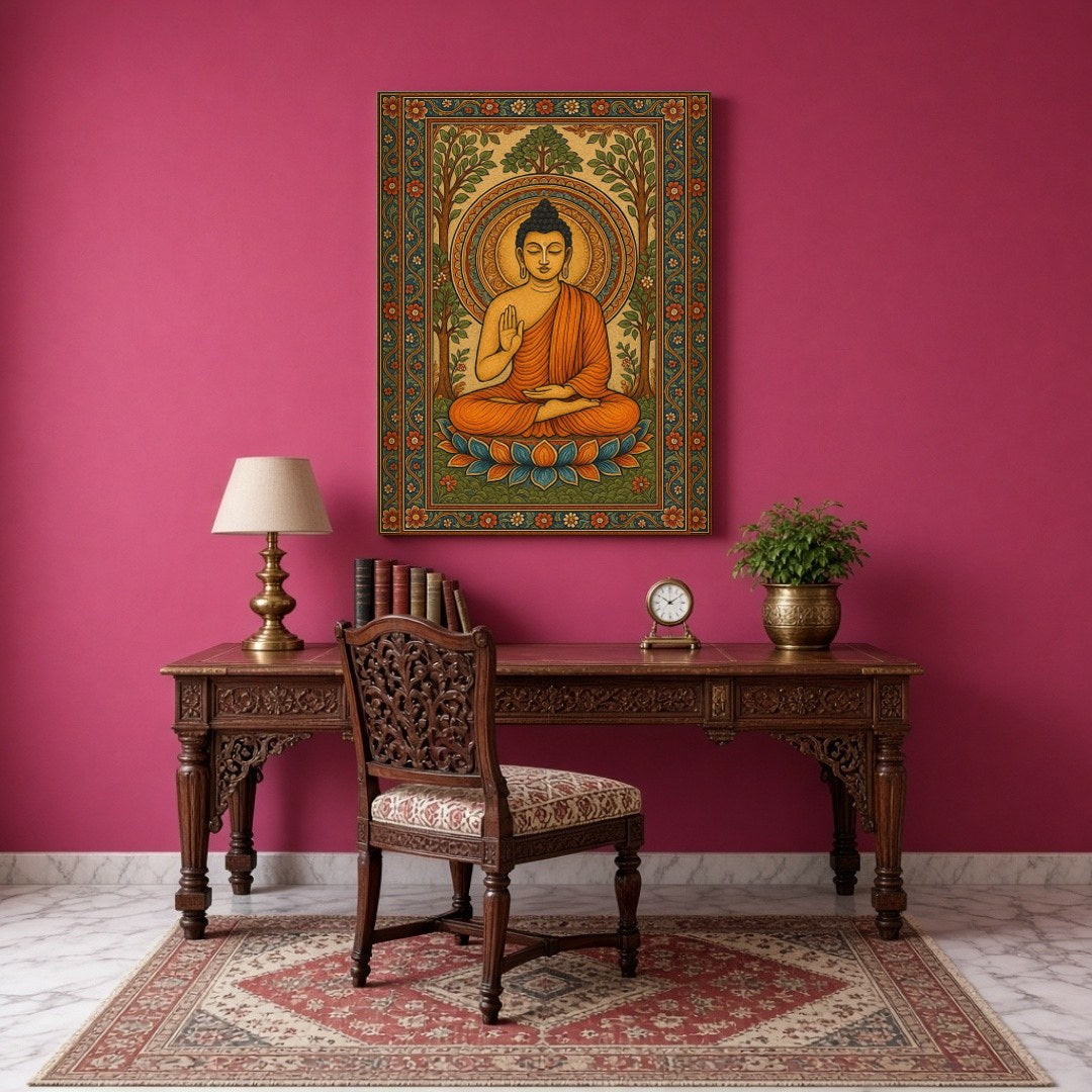 This captivating artwork features Lord Buddha seated serenely on a vibrant lotus amidst an ornate for Study