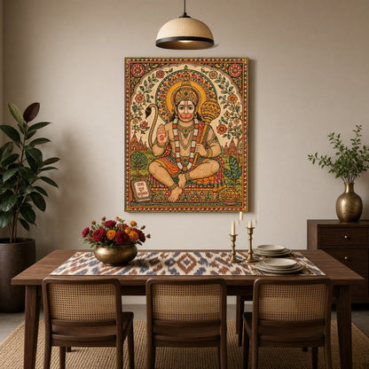 Immerse yourself in the divine presence of Lord Hanuman, depicted with vibrant floral motifs in for Dining