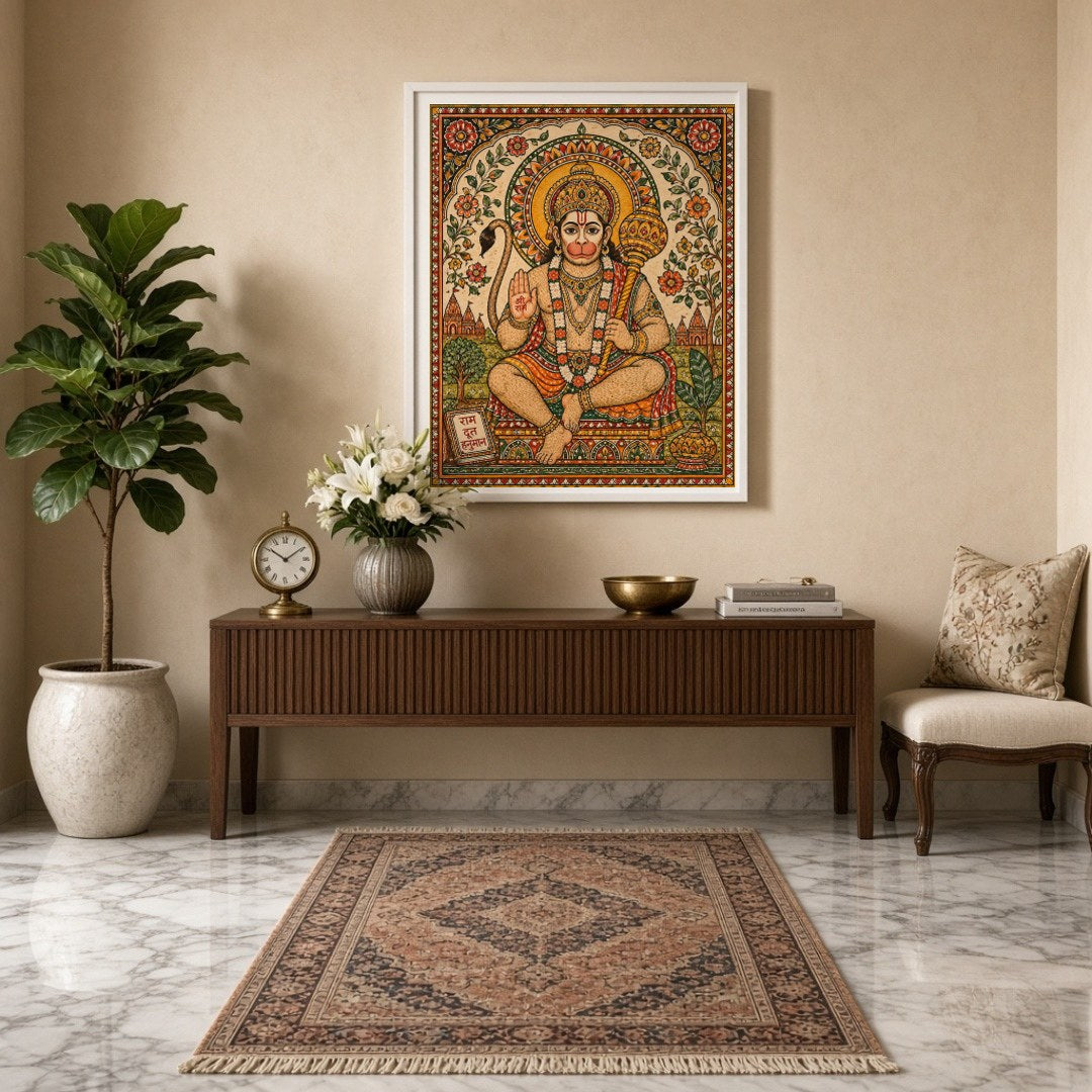 Immerse yourself in the divine presence of Lord Hanuman, depicted with vibrant floral motifs in for Entrance