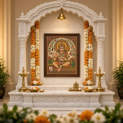 Immerse yourself in the divine presence of Lord Hanuman, depicted with vibrant floral motifs in for Home Temple