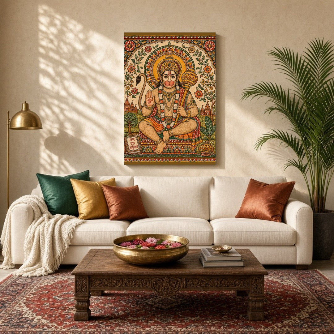 Immerse yourself in the divine presence of Lord Hanuman, depicted with vibrant floral motifs in for Living Room