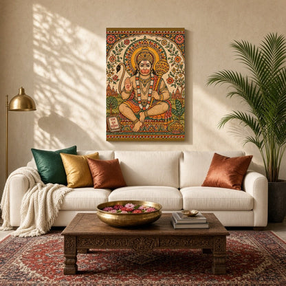 Immerse yourself in the divine presence of Lord Hanuman, depicted with vibrant floral motifs in for Living Room