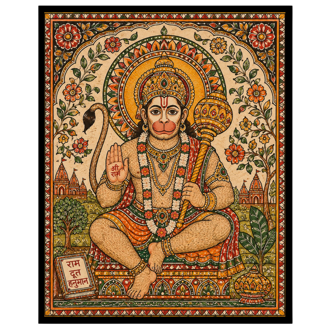 Immerse yourself in the divine presence of Lord Hanuman, depicted with vibrant floral motifs in for residence